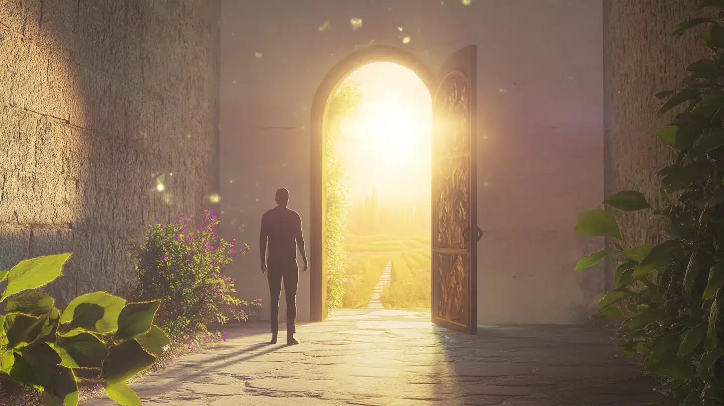  Persona che si trova davanti a una porta aperta verso un paesaggio luminoso, simbolo di un futuro promettente e di opportunità da cogliere